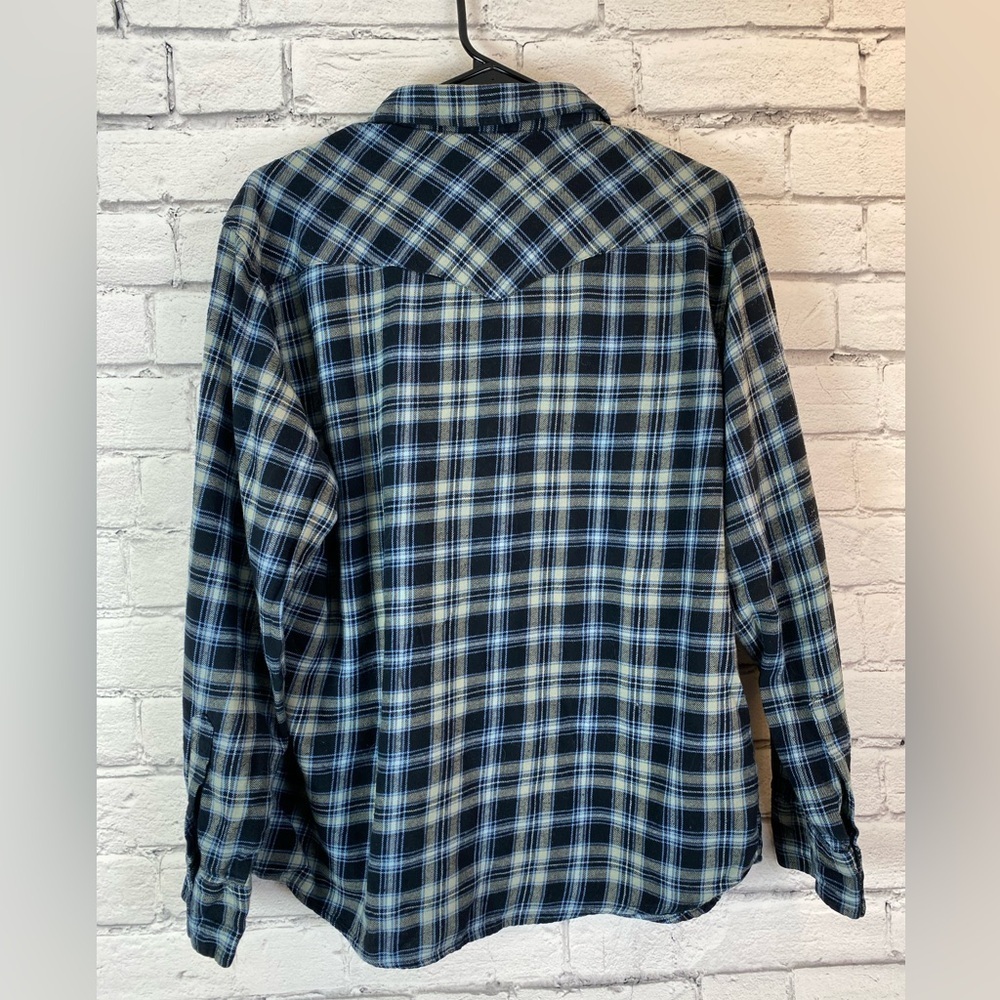Wrangler Wrancher Vintage Blue Plaid Flannel Shirt w/ Pearl Snap Buttons size XL - Picture 9 of 10